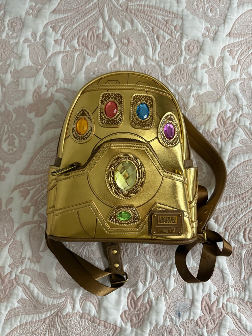 Loungefly Gold Infinity Gauntlet Mini Backpack with Multicolor Stones